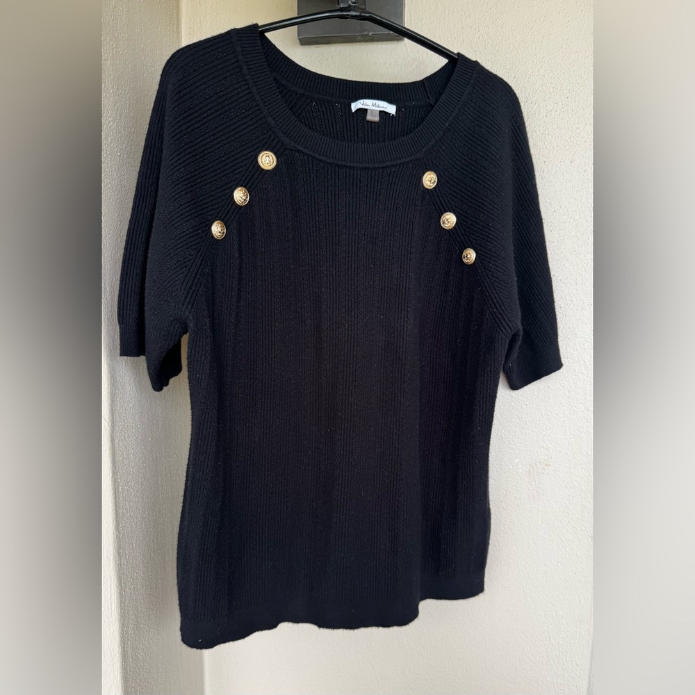 Vila Milano Crew Neck Short Sleeve Ribbed Black Sweater Gold Button Accent Large
